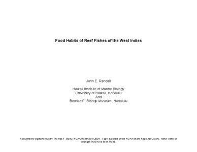 Food Habits of Reef Fishes of the West Indies  John E. Randall