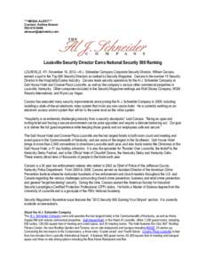 ***MEDIA ALERT*** Contact: Ashley Brauer[removed]removed]  Louisville Security Director Earns National Security 500 Ranking