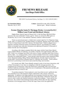 FBI NEWS RELEASE San Diego Field Office FBI 10385 Vista Sorrento Parkway, San Diego, CA., [removed]1800   For Immediate Release
