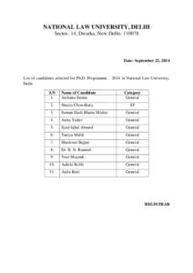 NATIONAL LAW UNIVERSITY, DELHI Sector- 14, Dwarka, New Delhi[removed]Date: September 22, 2014  List of candidates selected for Ph.D. Programme – 2014 in National Law University,