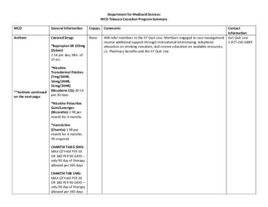 Department for Medicaid Services MCO Tobacco Cessation Program Summary MCO General Information