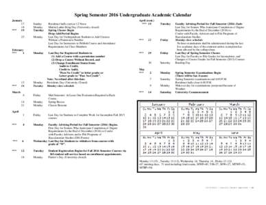 Spring Semester 2016 Undergraduate Academic Calendar January 17 18 *** 19