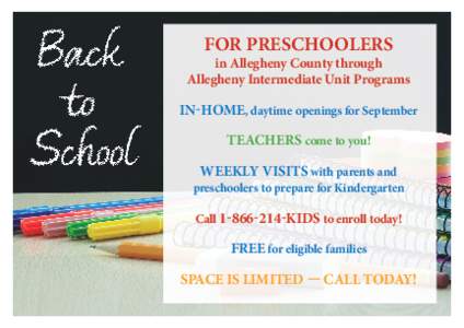 FOR PRESCHOOLERS  in Allegheny County through Allegheny Intermediate Unit Programs  IN-HOME, daytime openings for September