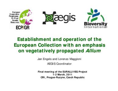 Establishment and operation of the European Collection with an emphasis on vegetatively propagated Allium Jan Engels and Lorenzo Maggioni AEGIS C Coordinator