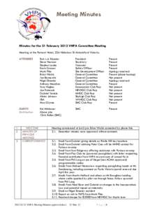 Meeting Minutes Sept 2011 Minutes for the 21 February 2012 VHPA Committee Meeting Meeting at the Retreat Hotel, 226 Nicholson St Abbotsford Victoria.