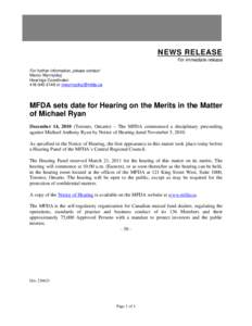 News release - MFDA sets date for Hearing on the Merits in the Matter of Michael Ryan