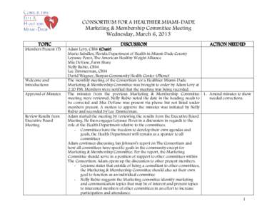 CONSORTIUM FOR A HEALTHIER MIAMI-DADE Marketing & Membership Committee Meeting Wednesday, March 6, 2013 TOPIC Members Present (7)