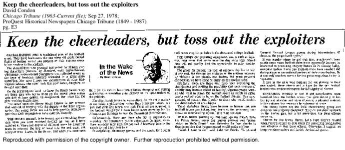 Keep the cheerleaders, but toss out the exploiters David Condon Chicago TribuneCurrent file); Sep 27, 1978; ProQuest Historical Newspapers Chicago Tribunepg. E3