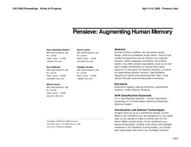 CHI 2008 Proceedings · Works In Progress  April 5-10, 2008 · Florence, Italy Pensieve: Augmenting Human Memory # 