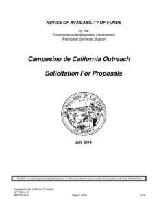 NOTICE OF AVAILABILITY OF FUNDS by the Employment Development Department Workforce Services Branch  Campesino de California Outreach