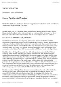 Hazel Smith – A Preview « THE OTHER ROOM[removed]:18 PM THE OTHER ROOM Experimental poetry in Manchester