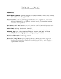 2014 Beet Research Priorities High Priority Reducing Decay in Beets. Includes chemical and cultural controls as well as ways to assay fields to determine decay potential. Weed Control. In particular, redroot pigweed, lam