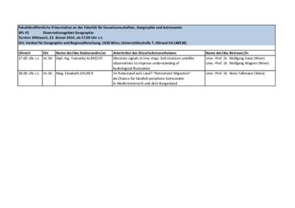 Fakultätsöffentliche Präsentation an der Fakultät für Geowissenschaften, Geographie und Astronomie SPL 45 Dissertationsgebiet Geographie Termin: Mittwoch, 22. Jänner 2014, abUhr c.t. Ort: Institut für Geogr