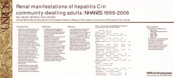 Renal manifestations of hepatitis C in community-dwelling adults: NHANES[removed]Rajiv Gandhi, MD, Robert Foley, MD, MSc United States Renal Data System, Minneapolis Medical Research Foundation, University of Minnesota