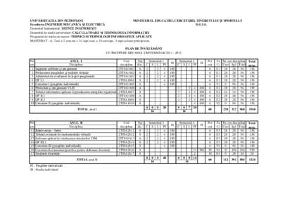 UNIVERSITATEA DIN PETROŞANI MINISTERUL EDUCAŢIEI, CERCETĂRII, TINERETULUI ŞI SPORTULUI Facultatea INGINERIE MECANICĂ ŞI ELECTRICĂ D.G.I.S. Domeniul fundamental: ŞTIINŢE INGINEREŞTI Domeniul de studii universita