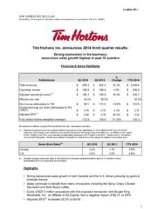 Exhibit 99.1 FOR IMMEDIATE RELEASE (Unaudited. All amounts in Canadian dollars and presented in accordance with U.S. GAAP.)  Tim Hortons Inc. announces 2014 third quarter results: