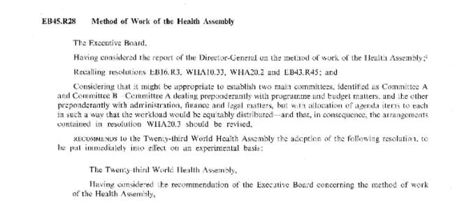 EB45.R28  Method of Work of the Health Assembly The Executive Board, Having considered the report of the Director-General on the method of work of the Health Assembly;3