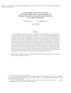 Appears in Fast Software Encryption(FSE 2004), Lecture Notes in Computer Science, Vol. 3017, Springer-Verlag. This is the full version. Cryptographic Hash-Function Basics: Definitions, Implications, and Separations for P