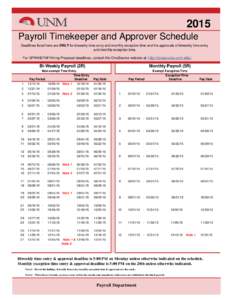 2015 Payroll Timekeeper and Approver Schedule Deadlines listed here are ONLY for biweekly time-entry and monthly exception time and the approvals of biweekly time-entry and monthly exception time.  For EPAN/EPAF/Hiring P