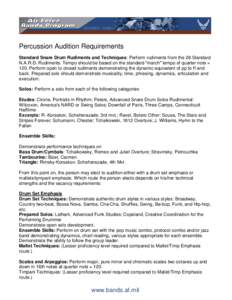 Percussion Audition Requirements Standard Snare Drum Rudiments and Techniques: Perform rudiments from the 26 Standard N.A.R.D. Rudiments. Tempo should be based on the standard 