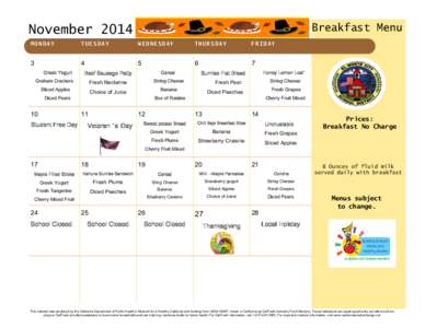 Breakfast Menu  November 2014 MONDAY  TUESDAY