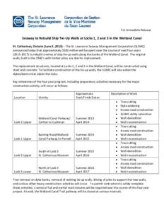 For Immediate Release  Seaway to Rebuild Ship Tie-Up Walls at Locks 1, 2 and 3 in the Welland Canal St. Catharines, Ontario (June 3, 2013) – The St. Lawrence Seaway Management Corporation (SLSMC) announced today that a