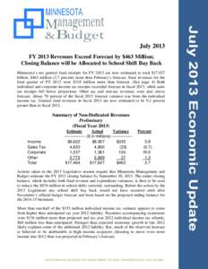 July 2013 FY 2013 Revenues Exceed Forecast by $463 Million; Closing Balance will be Allocated to School Shift Buy Back Minnesota’s net general fund receipts for FY 2013 are now estimated to total $[removed]billion, $463 