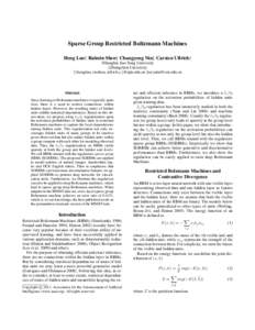 Sparse Group Restricted Boltzmann Machines Heng Luo† Ruimin Shen† Changyong Niu‡ Carsten Ullrich† †Shanghai Jiao Tong University ‡Zhengzhou University †{hengluo, rmshen, ullrich c}@sjtu.edu.cn ‡iecyniu@zz