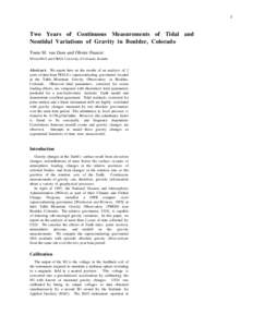 1  Two Years of Continuous Measurements of Tidal and Nontidal Variations of Gravity in Boulder, Colorado Tonie M. van Dam and Olivier Francis1 NOAA/NGS and CIRES, University of Colorado, Boulder