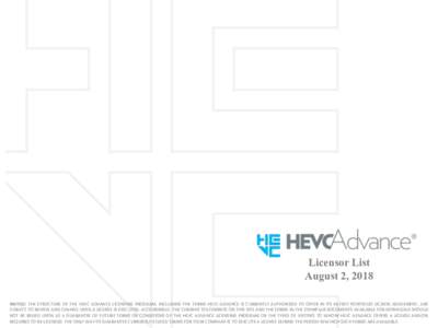 Licensor List August 2, 2018 NOTICE: THE STRUCTURE OF THE HEVC ADVANCE LICENSING PROGRAM, INCLUDING THE TERMS HEVC ADVANCE IS CURRENTLY AUTHORIZED TO OFFER IN ITS PATENT PORTFOLIO LICENSE AGREEMENT, ARE SUBJECT TO REVIEW