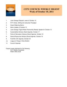 CITY COUNCIL WEEKLY DIGEST Week of October 10, [removed]Lake Oswego Dispatch, week of October 10