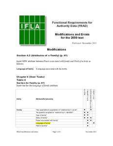 Functional Requirements for Authority Data (FRAD) Modifications and Errata for the 2009 text Published: November 2011