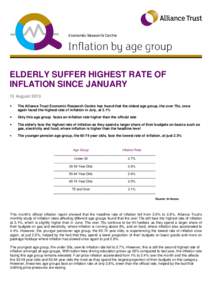 ELDERLY SUFFER HIGHEST RATE OF INFLATION SINCE JANUARY 13 August 2013 •  The Alliance Trust Economic Research Centre has found that the oldest age group, the over 75s, once