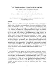 How is Research Blogged? A Content Analysis Approach Hadas Shema*, Judit Bar-Ilan* and Mike Thelwall** * ;  Department of Information Science, Bar-Ilan University, Ramat-Gan, 529