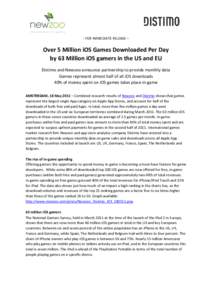 - FOR IMMEDIATE RELEASE –  Over 5 Million iOS Games Downloaded Per Day by 63 Million iOS gamers in the US and EU Distimo and Newzoo announce partnership to provide monthly data Games represent almost half of all iOS do