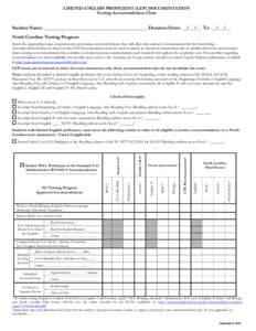 LIMITED ENGLISH PROFICIENT (LEP) DOCUMENTATION Testing Accommodations Chart Student Name: ___________________________________________ Duration From: __/__/__ To: __/__/__ North Carolina Testing Program Select the appropr