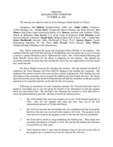 MINUTES BUILDING LINE COMMITTEE OCTOBER 24, 2003 The meeting was called to order by Town Manager Andrea Surratt at 3:00 p.m. Attendance: Sue Bulluck, President/Owner, IORC, Inc.; Eddie Collins, Contractor, Collins Buildi