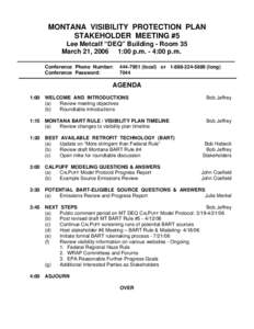 MONTANA VISIBILITY PROTECTION PLAN STAKEHOLDER MEETING #5 Lee Metcalf “DEQ” Building - Room 35 March 21, 2006 1:00 p.m. - 4:00 p.m. Conference Phone Number: Conference Password: