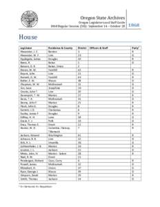 Oregon Legislators and Staff Guide 1868 Regular Session September 14 - October 28