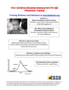 Training Webinars and Handouts at www.ksdetasn.org ESI Part 1: What Practitioners Need to Know Provides an overview of the requirements of the ESI regulations ESI: What Early Childhood