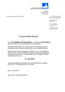 Rheinische Friedrich-WilhelmsUniversität Bonn Prof. Dr. Anne-Marie Bonnet Geschäftsführende Direktorin  Kunsthistorisches Institut der Universität Bonn