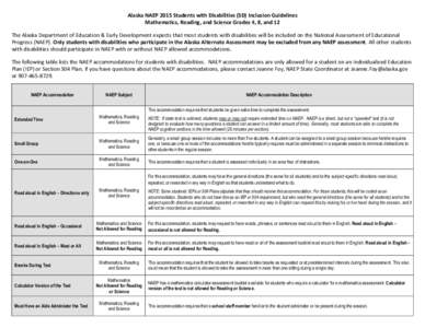 Alaska NAEP 2015 Students with Disabilities (SD) Inclusion Guidelines Mathematics, Reading, and Science Grades 4, 8, and 12 The Alaska Department of Education & Early Development expects that most students with disabilit