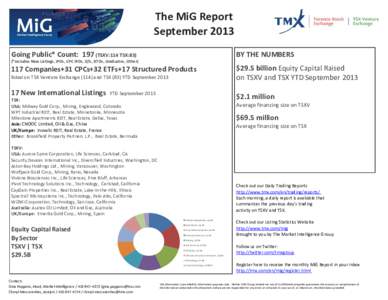 The MiG Report  September 2013 Going Public* Count:  197 (TSXV:114 TSX:83) BY THE NUMBERS