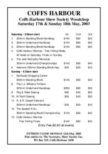 COFFS HARBOUR Coffs Harbour Show Society Woodchop Saturday 17th & Sunday 18th May, 2003 Saturday - 9.00am start  1st