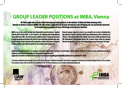 GROUP LEADER POSITIONS at IMBA, Vienna We invite applications for two fully funded group leader positions at the Institute of Molecular Biotechnology of the Austrian Academy of Sciences (IMBA). We will consider applicati