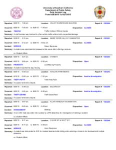 University of Southern California Department of Public Safety Daily Incident Log FromToReported: :49 am