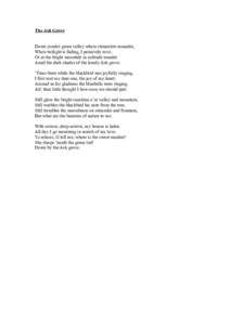 The Ash Grove Down yonder green valley where streamlets meander, When twilight is fading, I pensively rove, Or at the bright moontide in solitude wander Amid the dark shades of the lonely Ash grove. ’Twas there while t