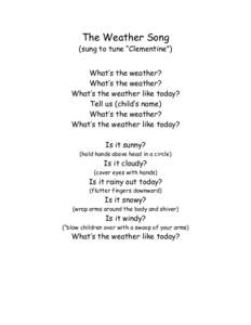 The Weather Song  (sung to tune “Clementine”) What’s the weather? What’s the weather? What’s the weather like today?