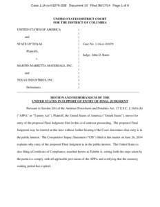 Motion and Memorandum of the United States in Support of Entry of Final Judgment : U.S. and State of Texas v. Martin Marietta and Texas Industries