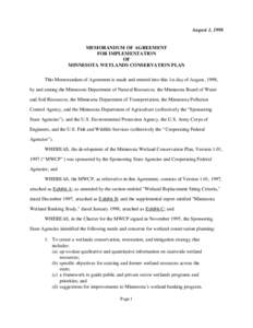 August 1, 1998  MEMORANDUM OF AGREEMENT FOR IMPLEMENTATION OF MINNESOTA WETLANDS CONSERVATION PLAN